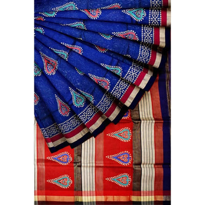 Royal Blue Handloom Maheshwari Silk Saree with Khari Block Prints - SSEthnics