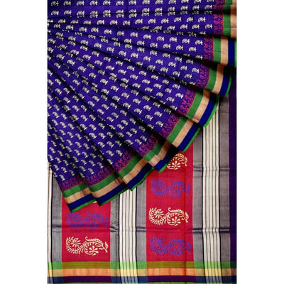 Purple Handloom Maheshwari Silk Saree with Khari Block Prints - SSEthnics