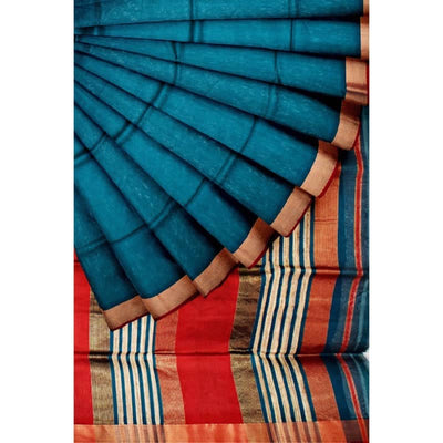 Teal Handloom Maheshwari Silk Saree - SSEthnics