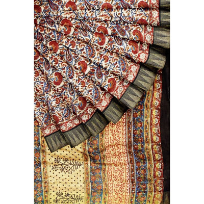 Cream Jaipuri Block Print Sico Saree - SSEthnics
