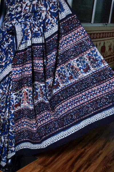 Indigo Jahota Handblock Print Mul Cotton Saree - SSEthnics