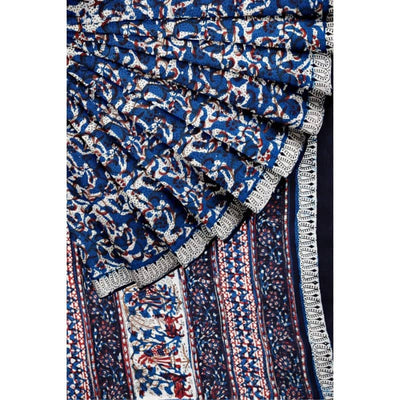 Indigo Jahota Handblock Print Mul Cotton Saree - SSEthnics