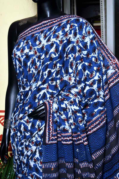 Indigo Jahota Handblock Print Mul Cotton Saree - SSEthnics