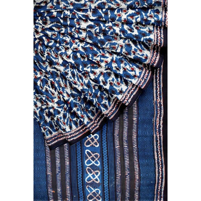 Indigo Jahota Handblock Print Mul Cotton Saree - SSEthnics