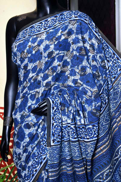 Indigo Jahota Handblock Print Mul Cotton Saree - SSEthnics