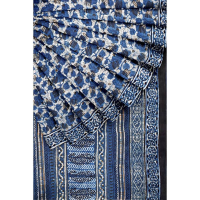 Indigo Jahota Handblock Print Mul Cotton Saree - SSEthnics
