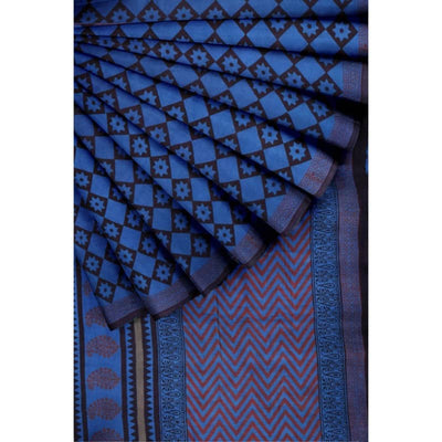 Indigo Jahota Handblock Print Mul Cotton Saree - SSEthnics