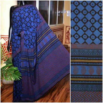 Indigo Jahota Handblock Print Mul Cotton Saree - SSEthnics