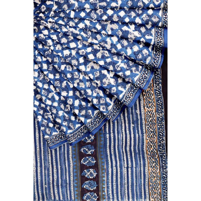 Indigo Jahota Handblock Print Mul Cotton Saree - SSEthnics