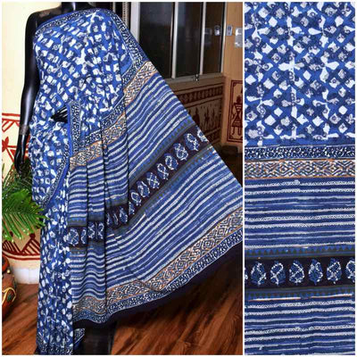 Indigo Jahota Handblock Print Mul Cotton Saree - SSEthnics