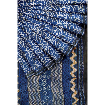 Indigo Jahota Handblock Print Mul Cotton Saree - SSEthnics