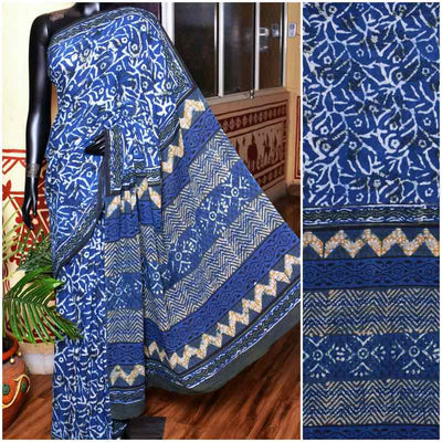 Indigo Jahota Handblock Print Mul Cotton Saree - SSEthnics