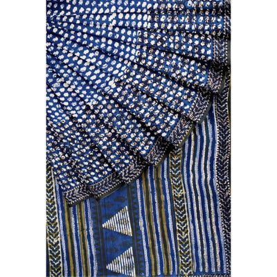 Indigo Jahota Handblock Print Mul Cotton Saree - SSEthnics