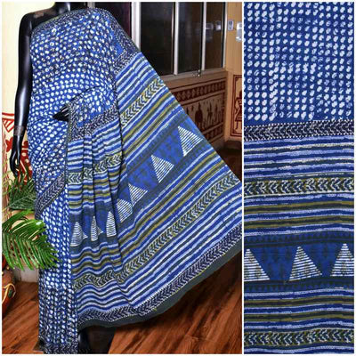 Indigo Jahota Handblock Print Mul Cotton Saree - SSEthnics