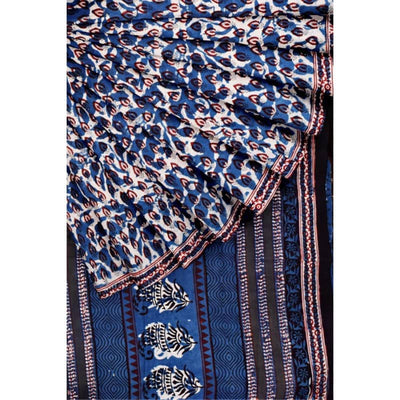 Indigo Jahota Handblock Print Mul Cotton Saree - SSEthnics