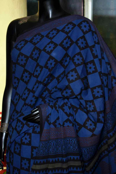 Indigo Jahota Handblock Print Mul Cotton Saree - SSEthnics