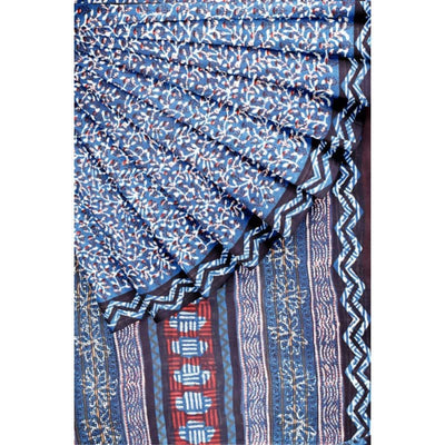 Indigo Jahota Handblock Print Mul Cotton Saree - SSEthnics