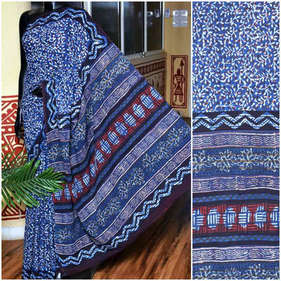 Indigo Jahota Handblock Print Mul Cotton Saree - SSEthnics