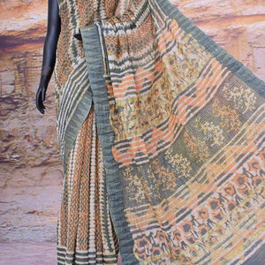 Grey Dabu Block Print Slub Cotton Silk Saree - SSEthnics