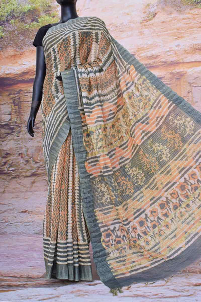 Grey Dabu Block Print Slub Cotton Silk Saree - SSEthnics