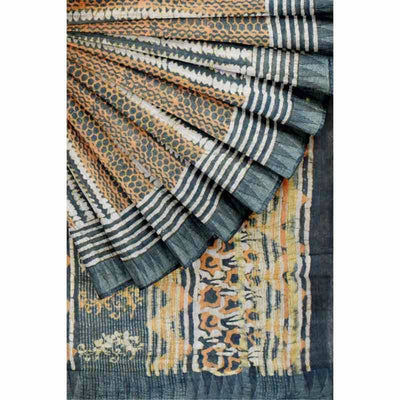 Grey Dabu Block Print Slub Cotton Silk Saree - SSEthnics