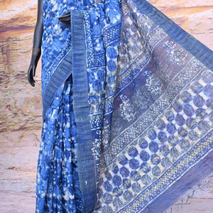 Indigo Dabu Block Print Slub Cotton Silk Saree - SSEthnics