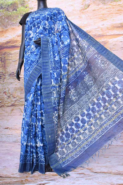 Indigo Dabu Block Print Slub Cotton Silk Saree - SSEthnics