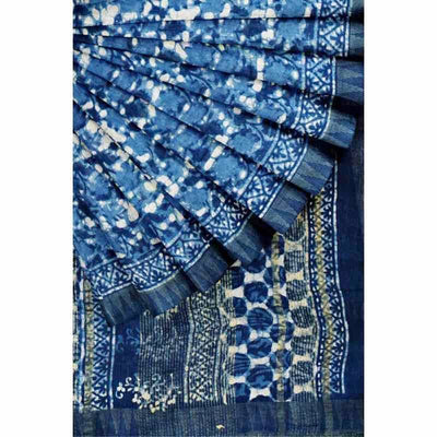 Indigo Dabu Block Print Slub Cotton Silk Saree - SSEthnics