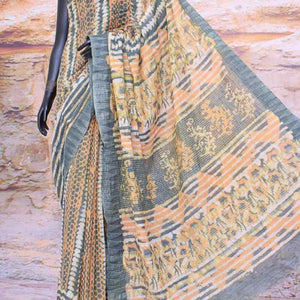 Grey Dabu Block Print Slub Cotton Silk Saree - SSEthnics