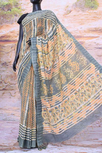 Grey Dabu Block Print Slub Cotton Silk Saree - SSEthnics