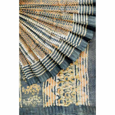 Grey Dabu Block Print Slub Cotton Silk Saree - SSEthnics