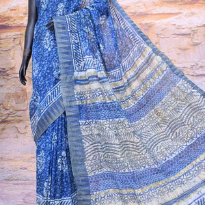 Indigo Dabu Block Print Slub Cotton Silk Saree - SSEthnics