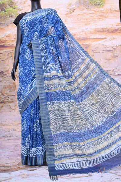 Indigo Dabu Block Print Slub Cotton Silk Saree - SSEthnics