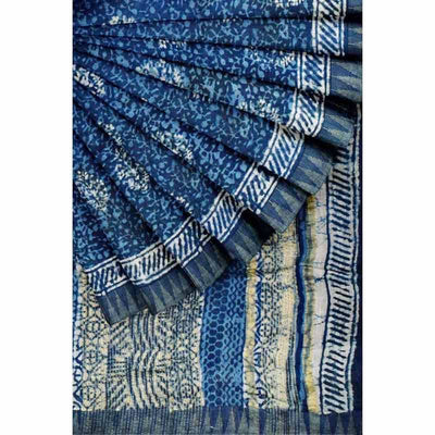 Indigo Dabu Block Print Slub Cotton Silk Saree - SSEthnics