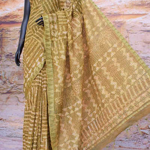 Green Dabu Slub Cotton Silk Saree with Gold Block - SSEthnics