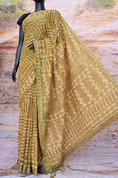 Green Dabu Slub Cotton Silk Saree with Gold Block - SSEthnics