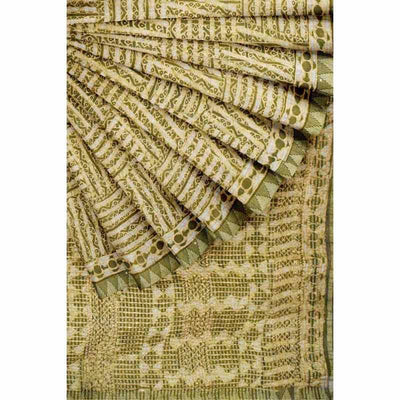 Green Dabu Slub Cotton Silk Saree with Gold Block - SSEthnics