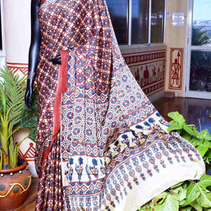 Cream Ajrakh Triple Block Modal Silk Saree - SSEthnics