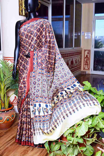 Cream Ajrakh Triple Block Modal Silk Saree - SSEthnics