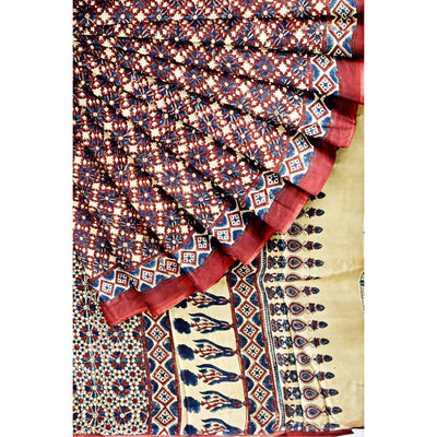 Cream Ajrakh Triple Block Modal Silk Saree - SSEthnics