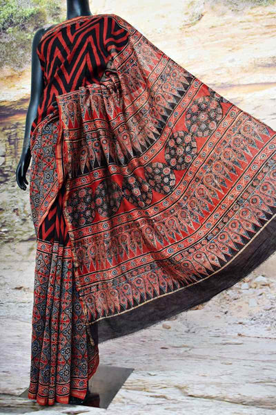 Madder Ajrakh Block Print Chanderi Silk Saree - SSEthnics