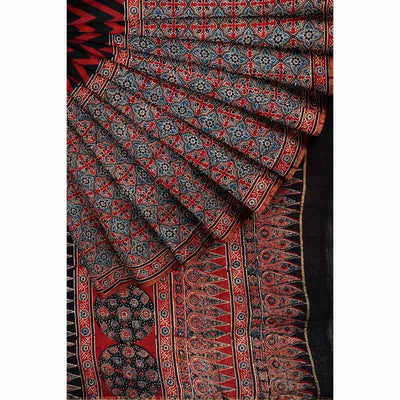 Madder Ajrakh Block Print Chanderi Silk Saree - SSEthnics