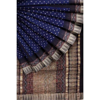 Blue-Black Ajrakh Bandhani Silk Cotton Saree - SSEthnics