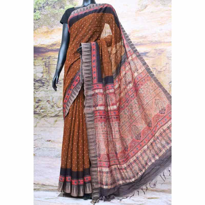 Mustard-Red Ajrakh Bandhani Silk Cotton Saree - SSEthnics