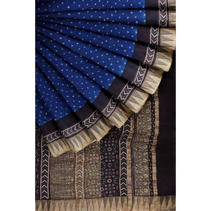 Blue-Black Ajrakh Bandhani Silk Cotton Saree - SSEthnics