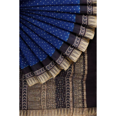 Blue-Black Ajrakh Bandhani Silk Cotton Saree - SSEthnics