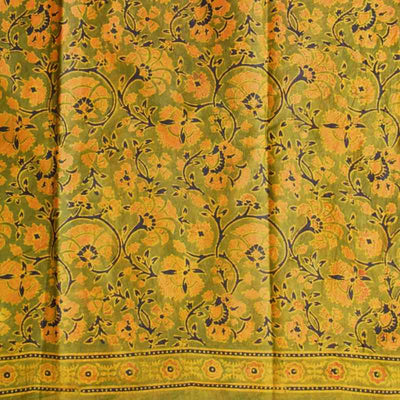 Green Ajrakh Block Print Mulberry Silk Saree - SSEthnics