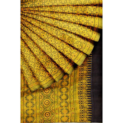 Green Ajrakh Block Print Mulberry Silk Saree - SSEthnics