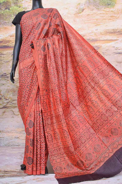 Rust Ajrakh Block Print Mulberry Silk Saree - SSEthnics