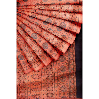 Rust Ajrakh Block Print Mulberry Silk Saree - SSEthnics